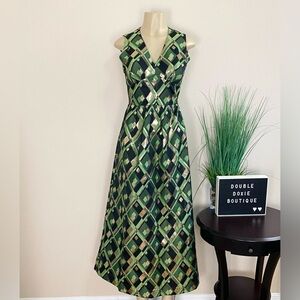 HOMEMADE | Vintage Green, Black And Gold V Neck Dress Sz S/M